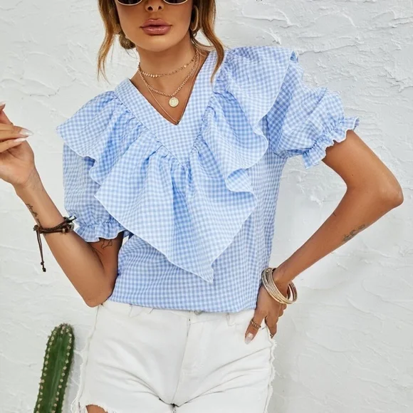 Boho Blue Gingham Puff Sleeve Blouse - Picture 4 of 4